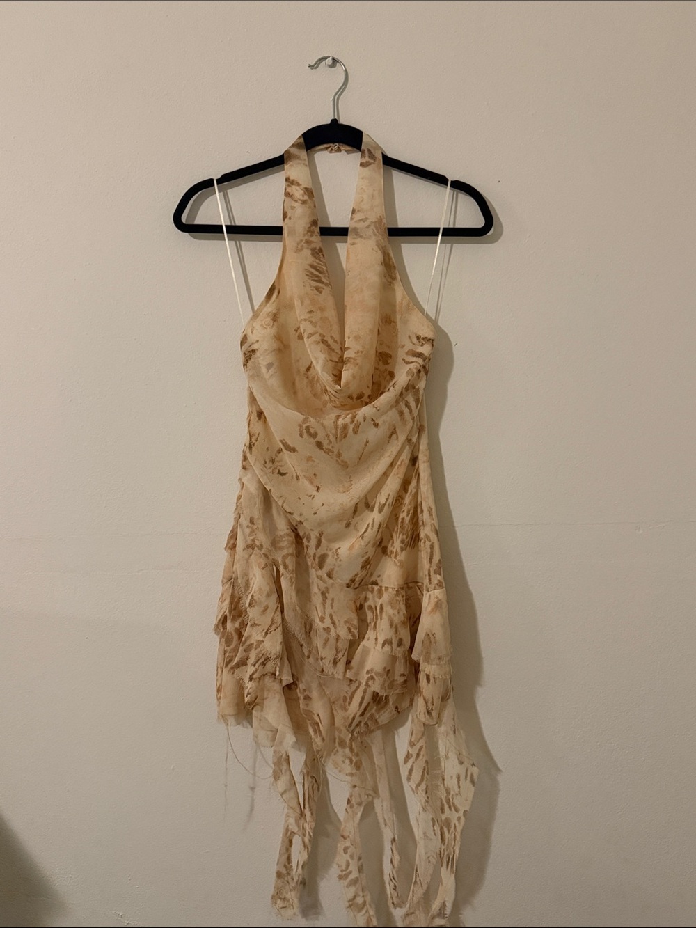 Beige Tie-Dye Halter Mini Dress